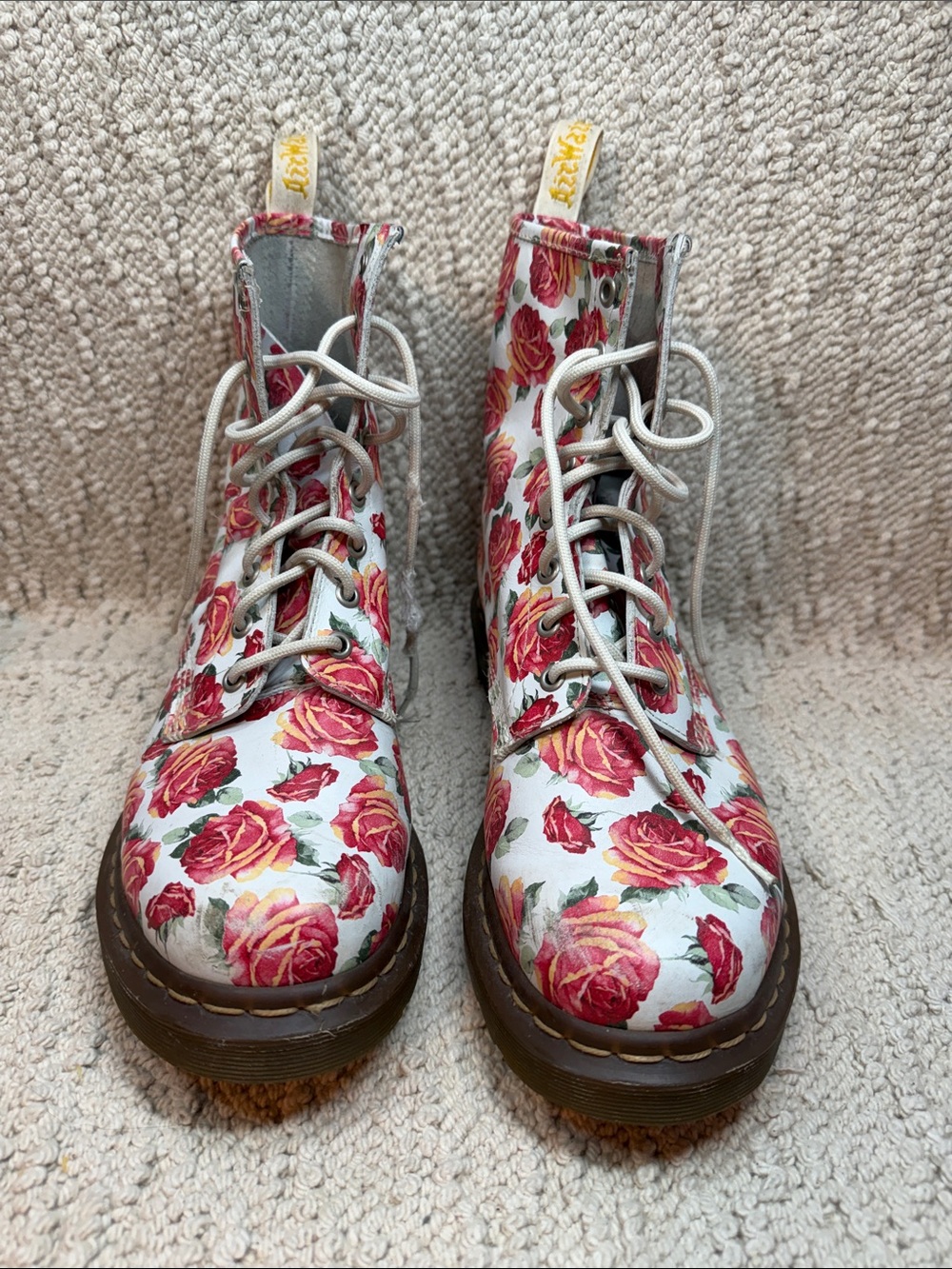 Dr. Martens White Boots with Pink Rose Print